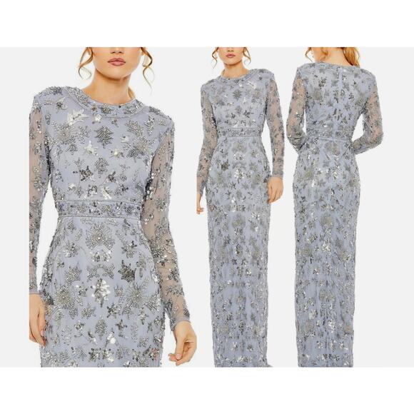 Mac Duggal 93939 Slate Blue High Neck Embellished Long Sleeve Column Gown 8 $798 - Picture 1 of 11